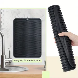Black silicone dish drying mat, heat resistant wave draining mat, flexible roll up mat.