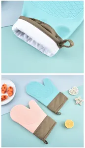 Silicone heat-resistant oven mitts detail view, showing textured non-slip grip and thick lining.