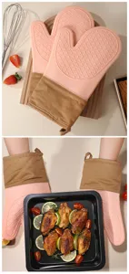Silicone oven mitts heat-resistant baking gloves with quilted texture and long cuffs.
