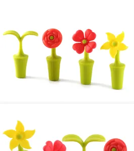 Silicone flower wine stopper detail view, creative plant shape bottle plug for red wine.