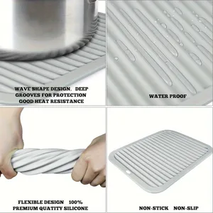 Silicone drying mat detail showing wave grooves, flexibility, heat resistance and waterproof.