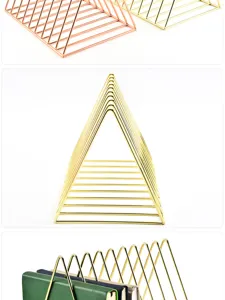 Nordic metal wire desktop book organizer, geometric triangle file holder for office decor.
