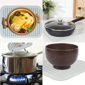 Silicone kitchen draining mat detail showing heat insulation and non-slip use with cookware.