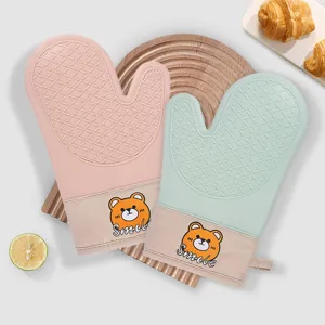 Gants de Four en Silicone et Coton Épaissis Gants de Cuisson en Sergé Résistants à la Chaleur Support de Pot de Cuisine avec Motif d'Ours Mignon