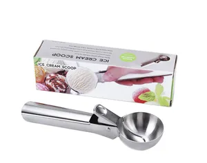 Stainless steel ice cream scoop detail featuring durable metal and trigger release mechanism.