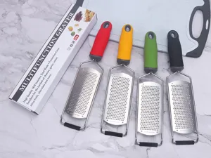 Stainless steel multi-function grater detail view with four colorful handles for kitchen use.