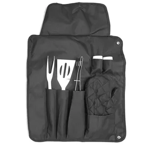 Stainless steel BBQ grill tool set with black storage bag, closeup view of accessories.