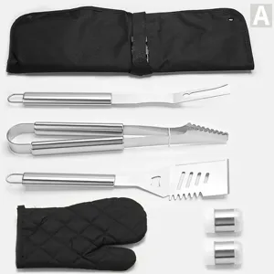 Detailed view of the 7-piece stainless steel BBQ tool set with storage bag and glove.