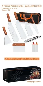 9-Piece BBQ Grilling Tools Set Stainless Steel Spatula Wood Handle Outdoor Camping Kit