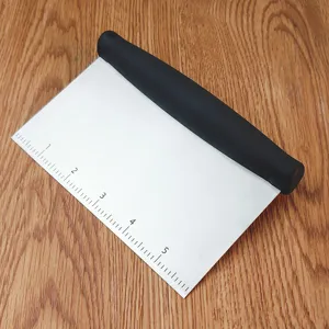 Stainless steel dough scraper with measurement scale and comfortable black handle for baking.