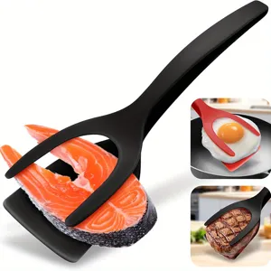 2-in-1 kitchen spatula and tongs detail showing multi-functional food flipping design.