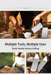 Detail shot of stainless steel BBQ spatula and grill scraper set for outdoor camping use.