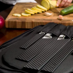 Detailed view of black flocked knife sheaths and portable protective cover storage set.