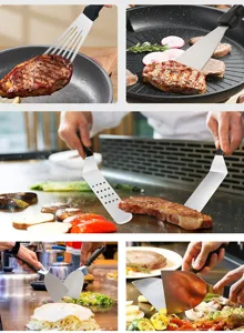 Stainless steel cooking spatula set for outdoor BBQ camping and kitchen teppanyaki use.