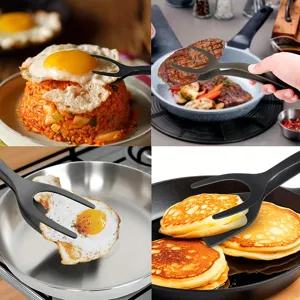 2-in-1 kitchen spatula and food tongs for flipping eggs, steaks, pancakes, and fish easily.