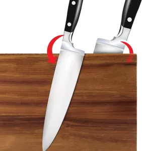 Bloc couteaux aimanté en bois vue détaillée montrant le rangement double face des couteaux.