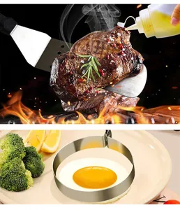 Stainless steel BBQ grill spatula and egg ring set for outdoor camping and kitchen cooking tool.