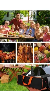 Outdoor BBQ grill tool set detail showcasing stainless steel spatula, tongs and handy storage bag.