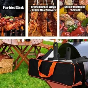 Outdoor BBQ grill tool set with stainless steel spatula and portable storage bag for camping.
