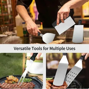 Stainless steel BBQ tool set, outdoor grilling spatula and scraper for camping and BBQ party.