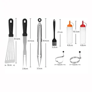 Camping BBQ grilling tool set stainless steel spatula tongs basting brush bottles 7pcs