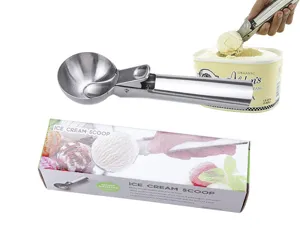 Stainless steel ice cream scoop with trigger release, durable metal dessert ball maker tool.