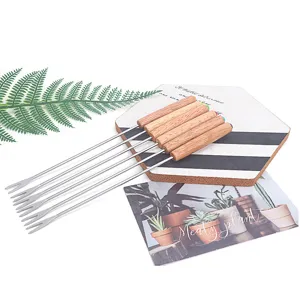 6-piece set stainless steel cheese fondue forks with wooden handles for kitchen dining.