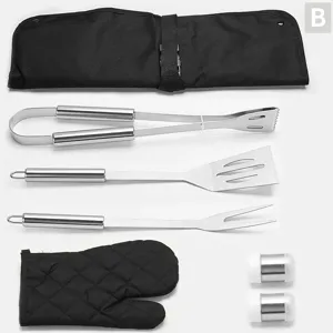Stainless steel BBQ grilling tools set detail, tongs spatula fork and storage bag.