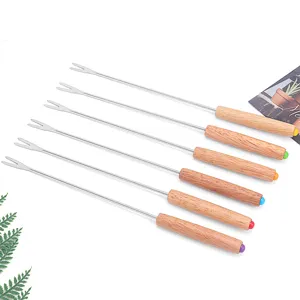 Stainless Steel Fondue Fork Set Wooden Handle Cheese Chocolate Melting Forks Kitchen Dining Tableware Tool