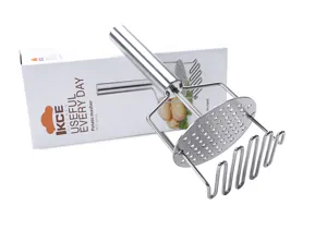 Stainless steel potato masher kitchen tool with double layer press head for home cooking.