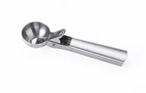 Stainless steel ice cream scoop detail view, brushed finish kitchen tool with trigger design.