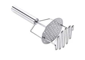 Stainless steel potato masher detail showing double layer design and smooth metallic handle.
