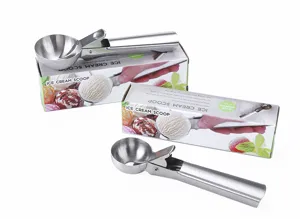Stainless steel ice cream scoop detail view showing mechanical trigger and brushed finish.