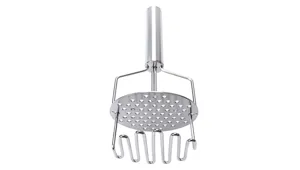 Stainless steel potato masher detail showing double layer wave head for kitchen food prep.