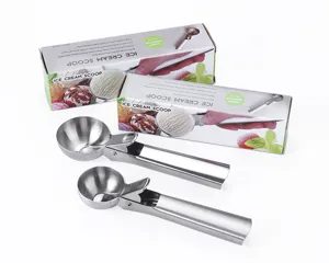 Stainless steel ice cream scoop set with boxes, durable kitchen tool for dessert shop.