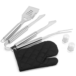 Detailed view of stainless steel BBQ tool set including spatula, tongs, fork and oven mitt.