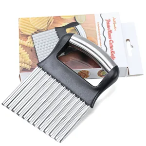 Stainless steel wavy potato cutter knife with ergonomic plastic handle for kitchen french fries.