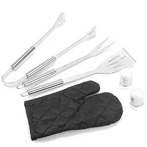 Stainless steel BBQ grill tools detail view, durable outdoor cooking accessories set closeup.