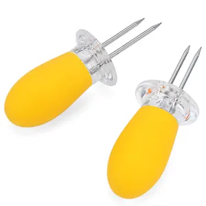 Stainless steel corn fork detail showing sharp dual tines and ergonomic yellow handle.
