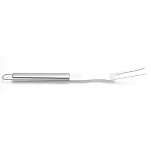 Stainless steel barbecue fork detail showing durable metal handle and loop for cooking.