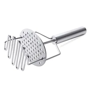 Stainless steel potato masher kitchen tool for easy mashing fruit and vegetables efficiently.