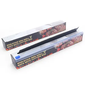 Non-stick BBQ grill mat with cutting box, durable teflon oven liner for outdoor cooking tools.