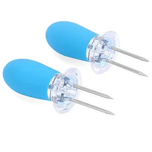 Stainless steel dual-prong corn holder with blue TPR handle for barbecue and kitchen use details.