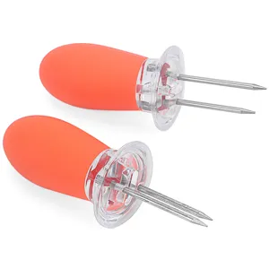 Stainless steel BBQ corn holders with ergonomic TPR handles, perfect for safe outdoor grilling.