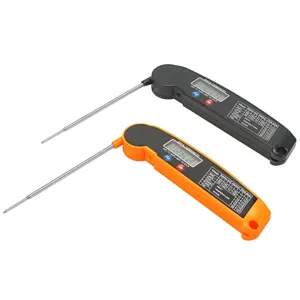Klappbares digitales Bratenthermometer mit Edelstahlsonde, LCD-Bildschirm und Gartabelle.