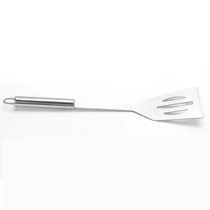 Stainless steel BBQ slotted spatula detail, durable metal turner with convenient hanging loop.