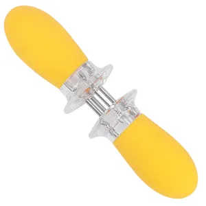 Stainless steel corn holder detail, yellow TPR handle for secure grip, BBQ fork close-up view.
