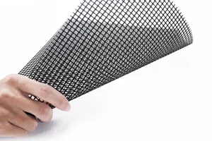 Close-up view of the non-stick BBQ grill mesh mat, showing flexible black fiberglass texture.
