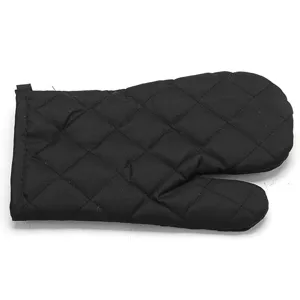 Black quilted oven mitt detail view, heat resistant kitchen cooking baking glove close up showing texture.