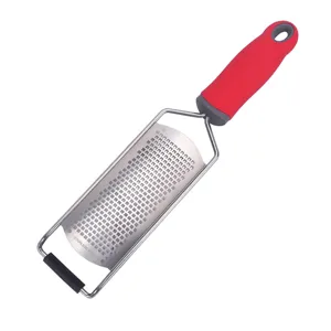 Stainless steel cheese grater lemon zester kitchen tool with comfortable red non-slip handle.